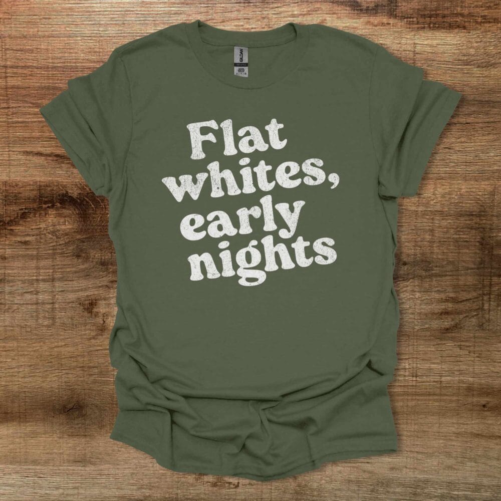 Flat Whites Early Nights Military Green T-Shirt Unisex Flat Whites Early Nights Military Green T Shirt Unisex