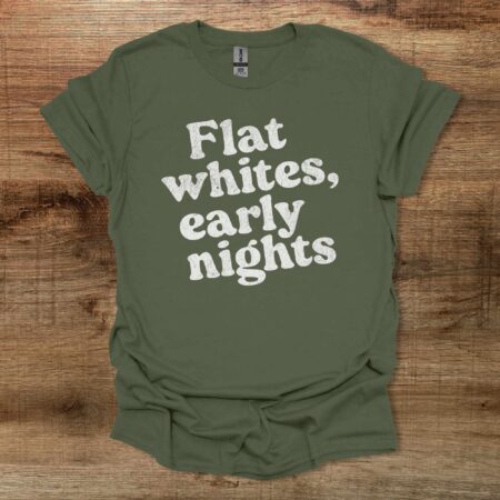 Flat Whites Early Nights Military Green T Shirt Unisex