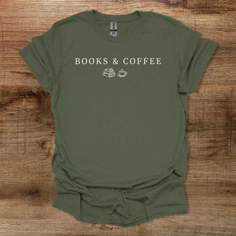 Books and Coffee Illustrated Military Green T-Shirt Unisex Books and Coffee Illustrated Military Green T Shirt Unisex