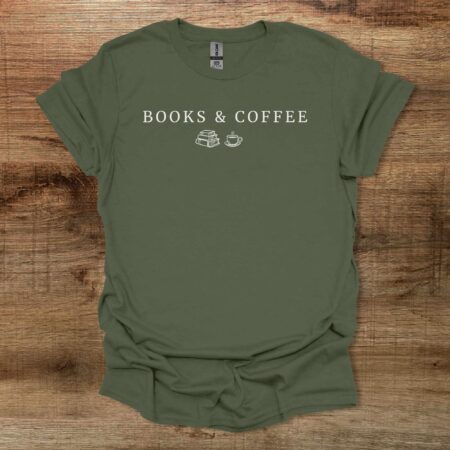 Books and Coffee Illustrated Military Green T Shirt Unisex
