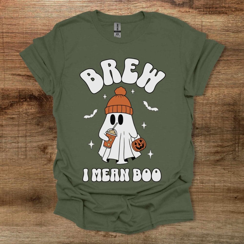 Brew I Mean Boo Halloween Coffee Military Green T-Shirt Unisex Brew I Mean Boo Halloween Coffee Military Green T Shirt Unisex