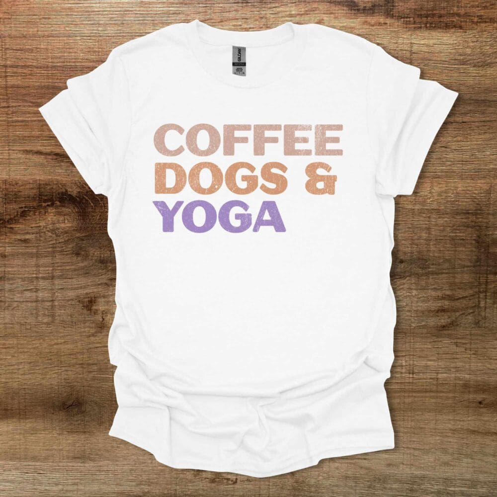 Coffee Dogs and Yoga White T-Shirt Unisex Coffee Dogs and Yoga White T Shirt Unisex