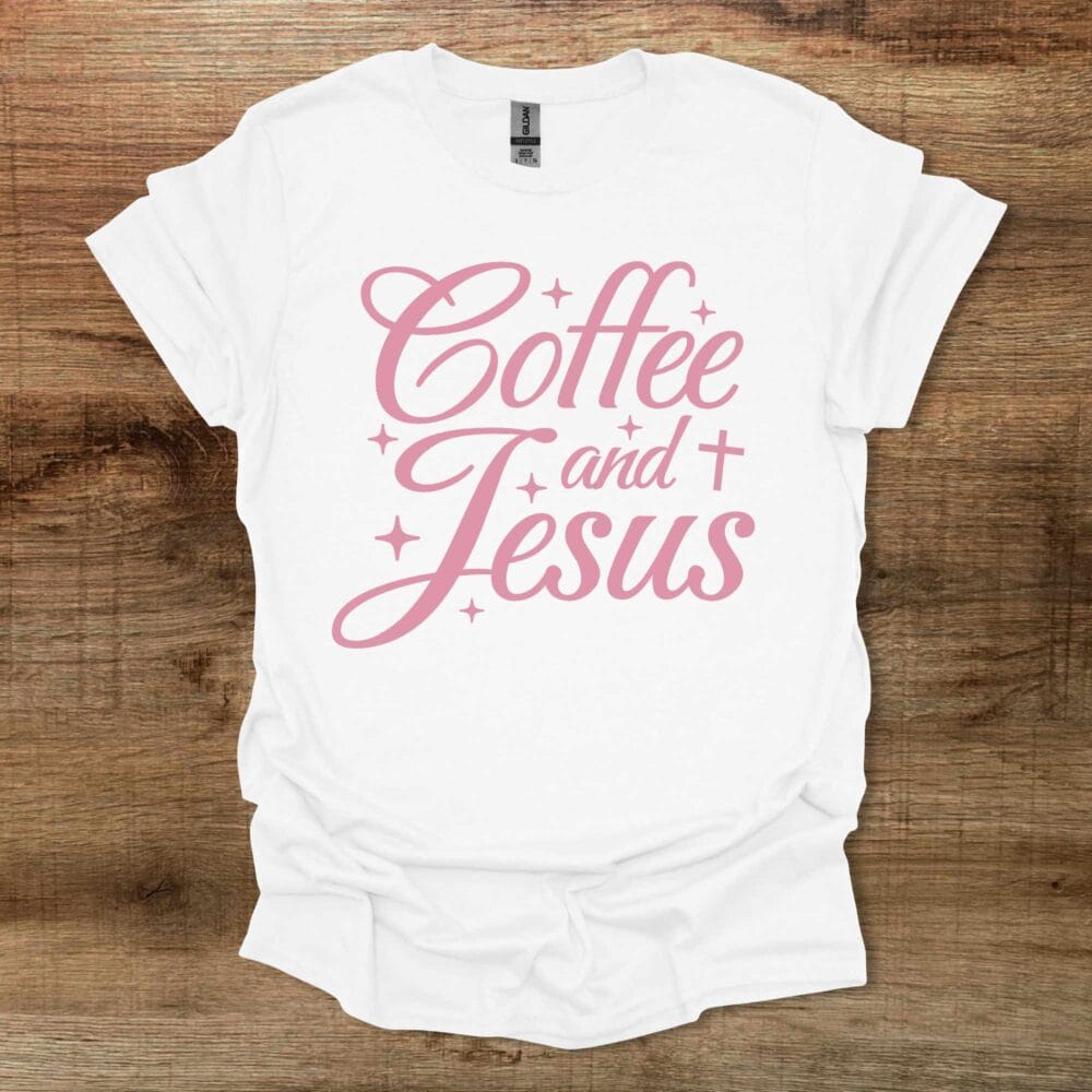 Coffee and Jesus Scipt Font White T-Shirt Unisex Coffee and Jesus Scipt Font White T Shirt Unisex
