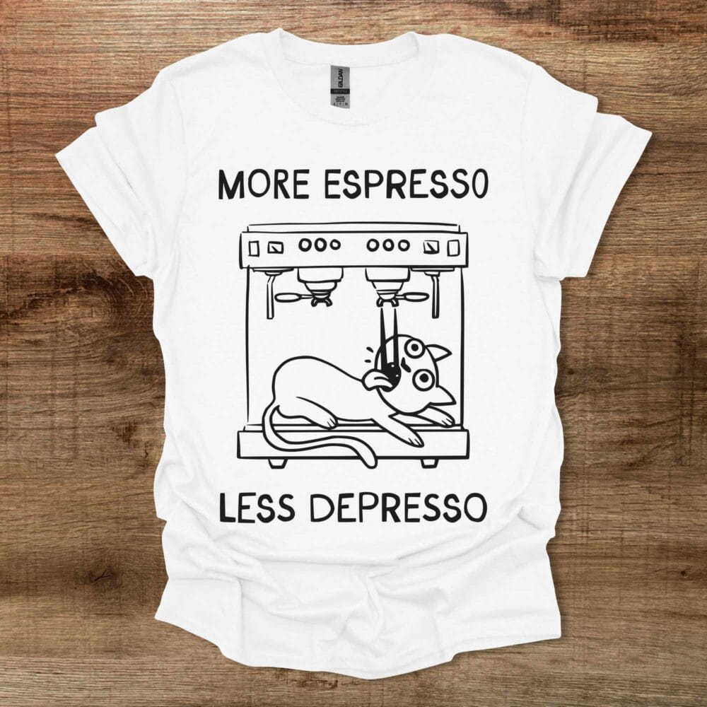 More Espresso Less Depresso Cat White T Shirt Unisex
