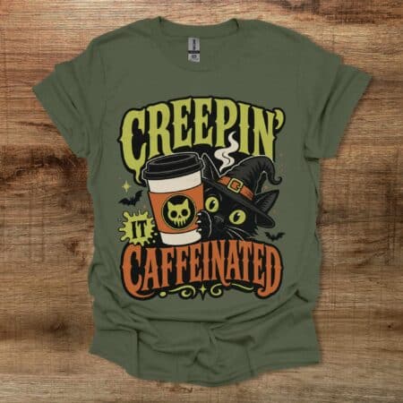 Creeping it Caffeinated Halloween Coffee Cat Military Green T Shirt Unisex