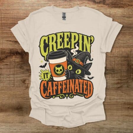 Creeping it Caffeinated Halloween Coffee Cat Natural T Shirt Unisex