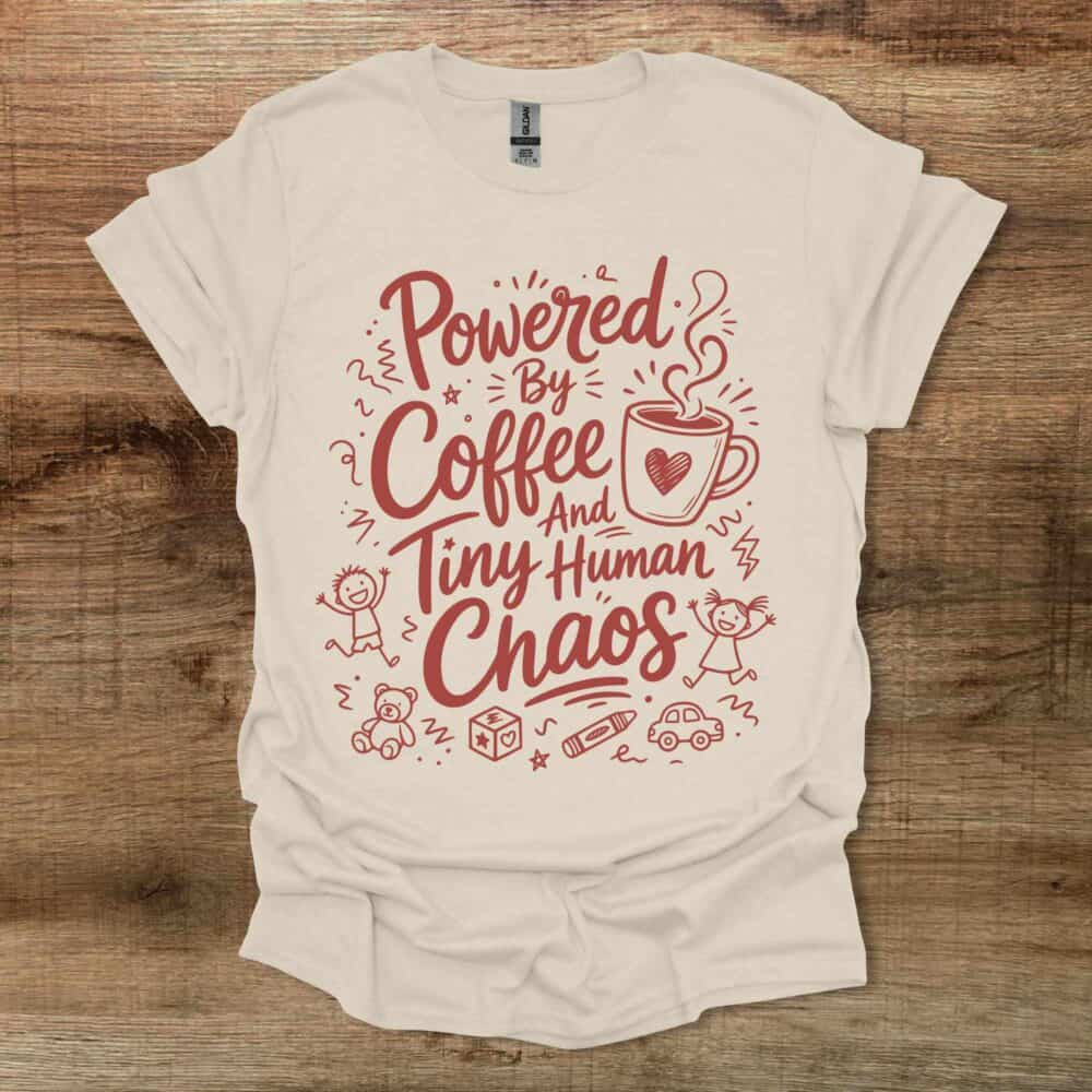 Powered by Coffee and Tiny Human Chaos Natural T-Shirt Unisex Powered by Coffee and Tiny Human Chaos Natural T Shirt Unisex