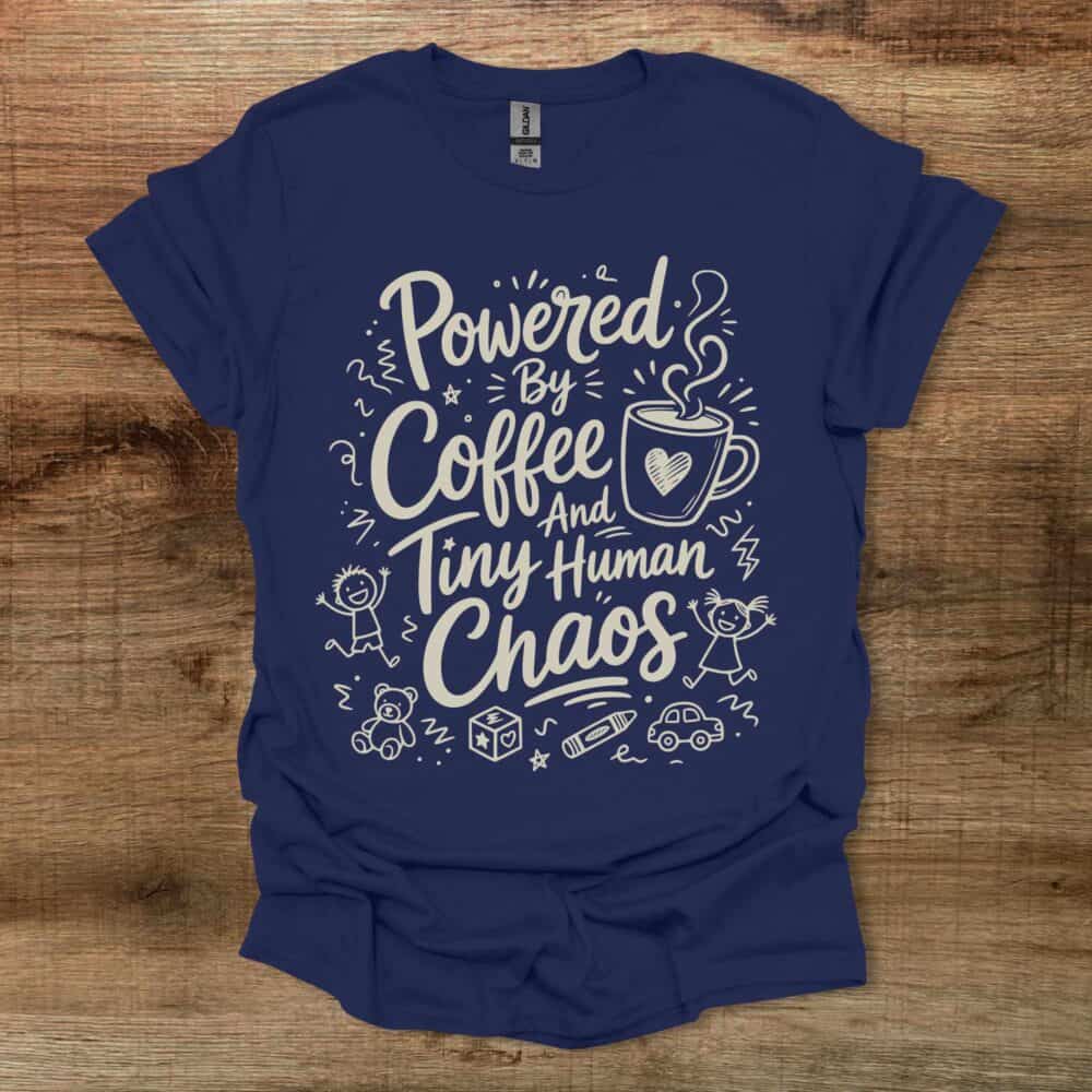 Powered by Coffee and Tiny Human Chaos Navy T-Shirt Unisex Powered by Coffee and Tiny Human Chaos Navy T Shirt Unisex