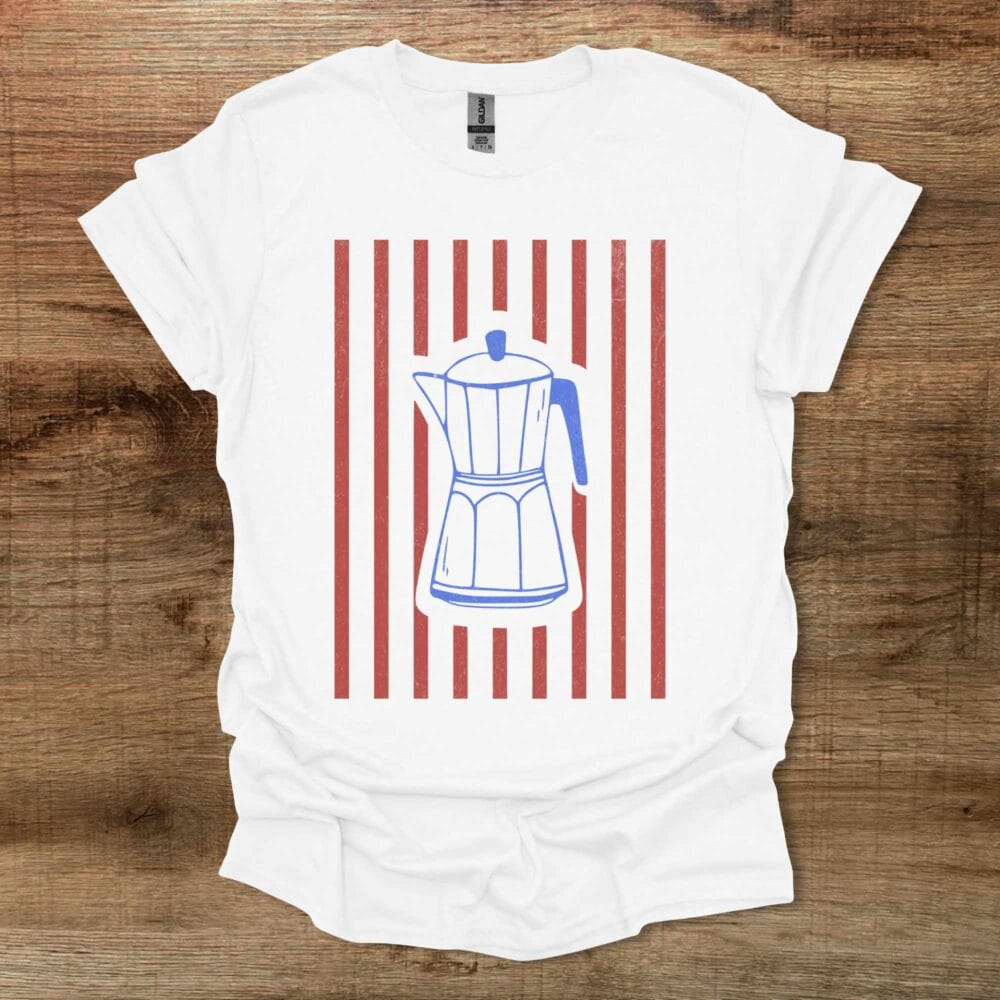 Mokka Pot Stripes White T-Shirt Unisex Mokka Pot Stripes White T Shirt Unisex