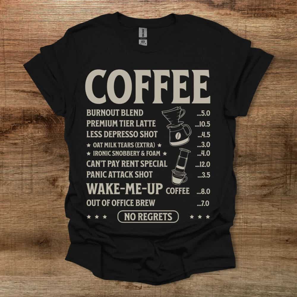Coffee Menu Black T-Shirt Unisex Coffee Menu Black T Shirt Unisex