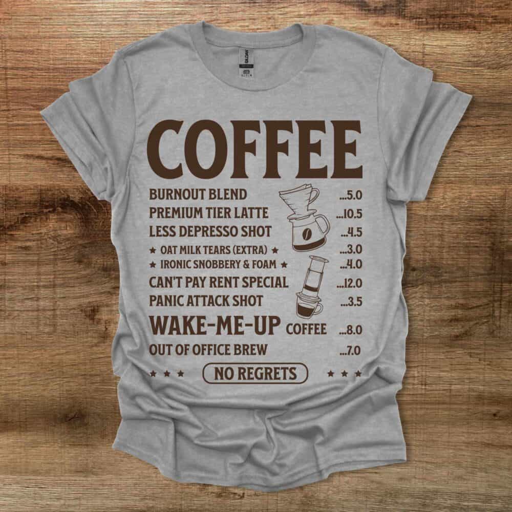 Coffee Menu Sport Grey T-Shirt Unisex Coffee Menu Sport Grey T Shirt Unisex